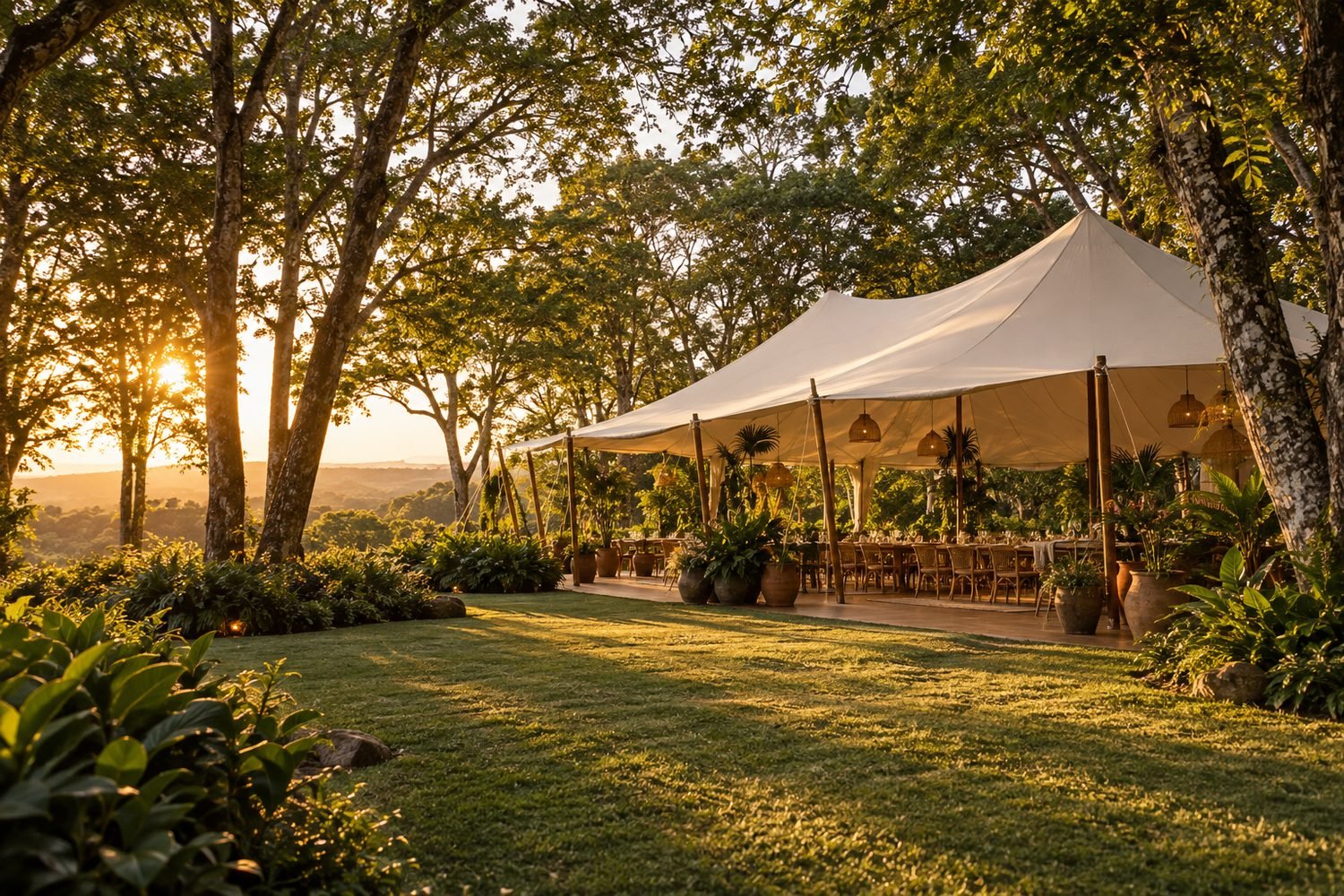 Imagem ilustrativa de jardim arborizado com tenda para eventos