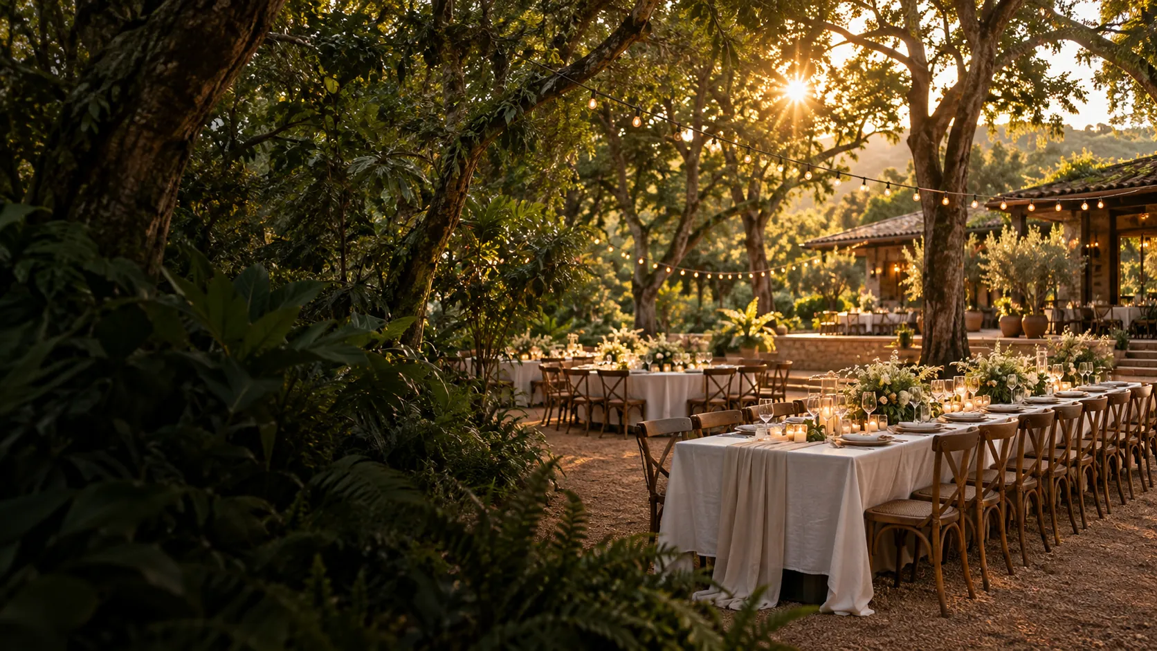 Mesa de celebração montada entre árvores ao entardecer, imagem ilustrativa